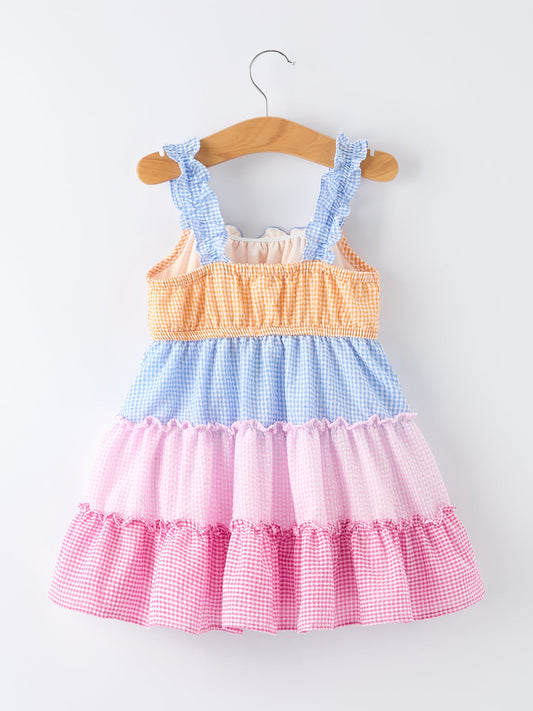 Colorblock Gingham Girls Ruffle Dress - 100%cotton