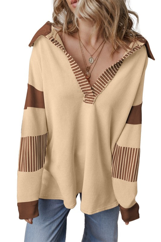 Striped Patchwork Collar Sweatshirt (Dark Blue or Pale Chestnut)