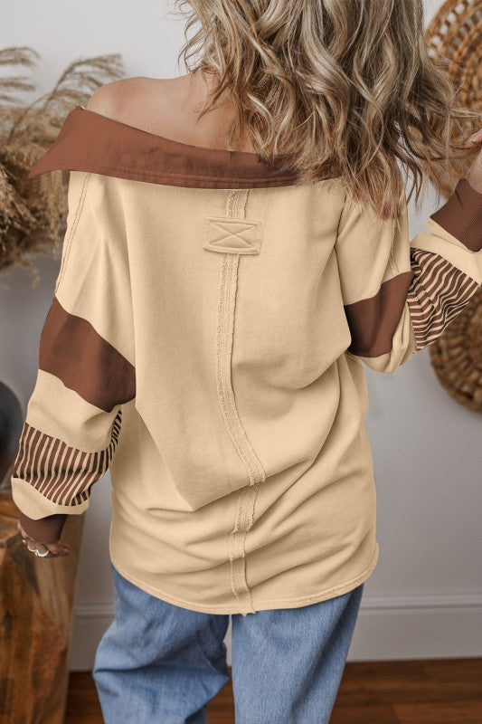 Striped Patchwork Collar Sweatshirt (Dark Blue or Pale Chestnut)