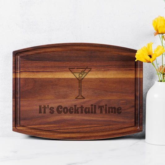 It's Cocktail Time - Arched Wood Cutting Board with Groove - 12" x 9"