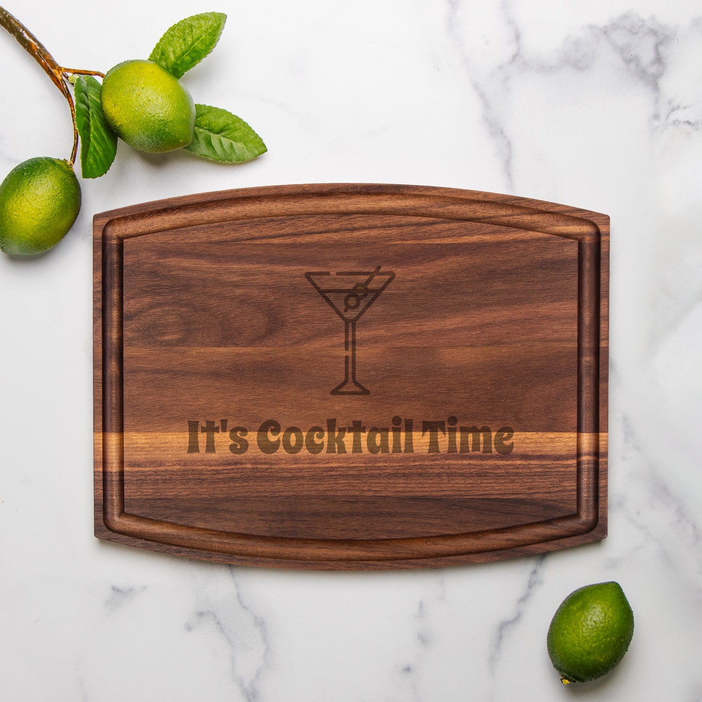 It's Cocktail Time - Arched Wood Cutting Board with Groove - 12" x 9"