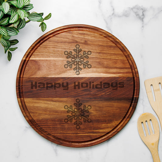 Happy Holidays - Round Charcuterie Board with Groove - 13.5” x 13.5”
