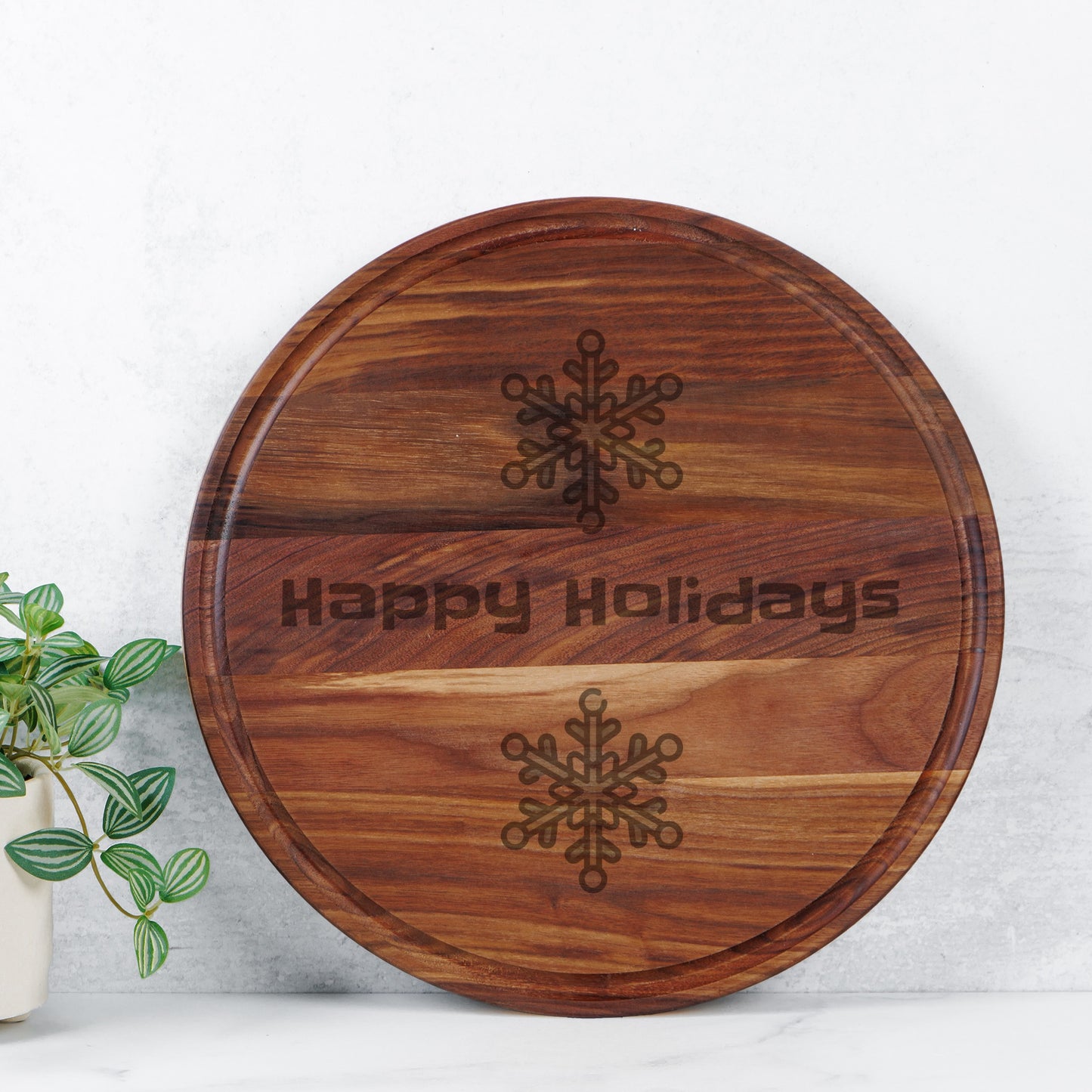 Happy Holidays - Round Charcuterie Board with Groove - 13.5” x 13.5”