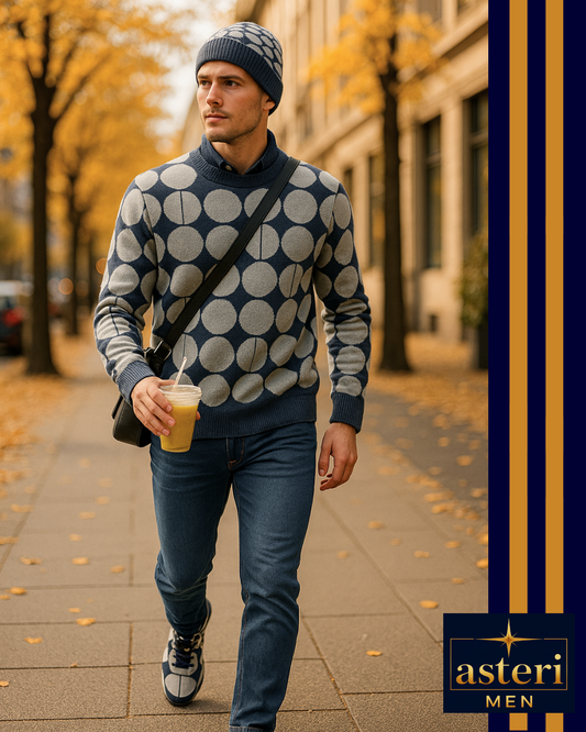 Unisex Relaxed fit knitted crew neck sweater - "Navy Geo"