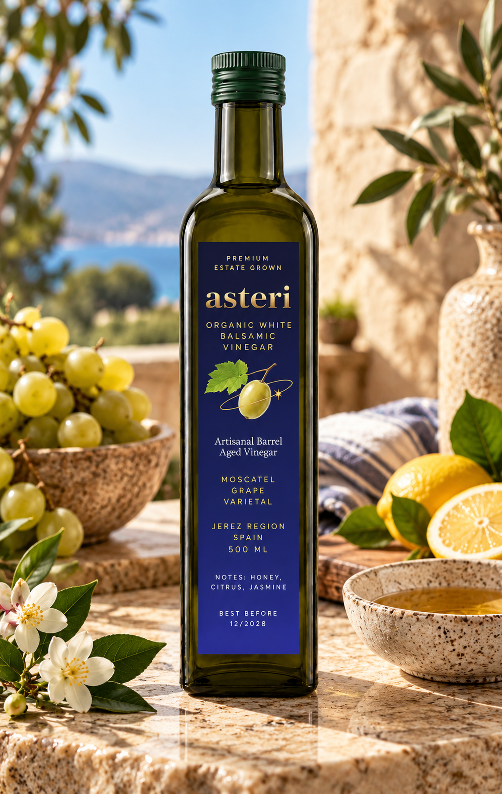 Asteri organic white balsamic vinegar made from Moscatel grapes and aged in oak