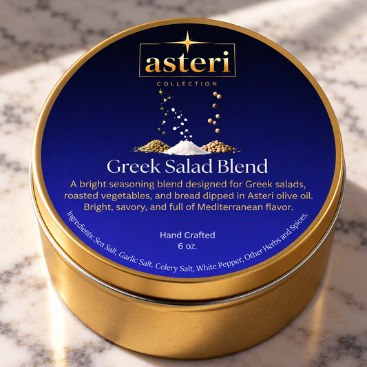 Asteri Greek Salad Blend Mediterranean seasoning in gold tin