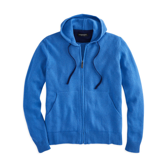 Blue cotton cashmere full-zip hoodie with drawstring hood and front pockets
