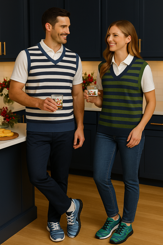 Bold Navy & White Striped Knitted V-Neck Sweater
