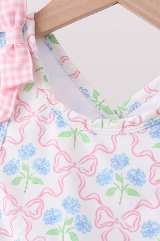 Pink hydrangea bow print 2pc swimsuit