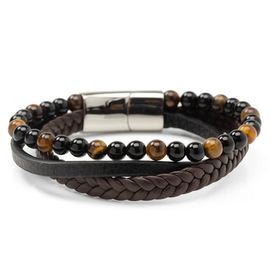 Stainless Steel Stacked Brown Leather Bracelet with Tigers Eye