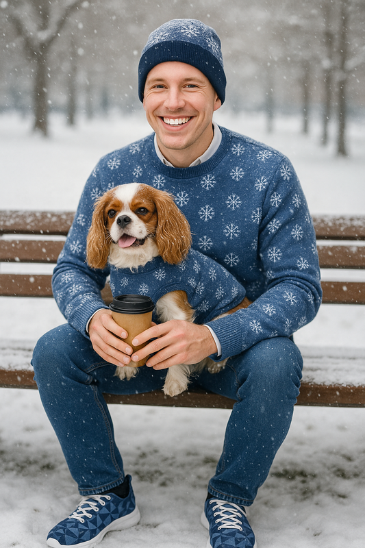 Relaxed fit knitted crew neck sweater - Blue and White Snowflake