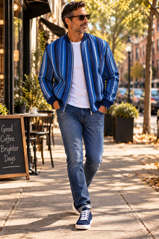 Blue Striped Denim Bomber Jacket - Handmade