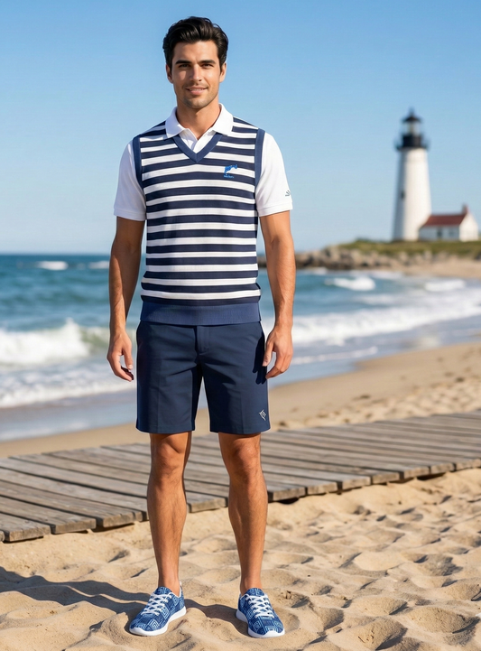 Bold Navy & White Striped Knitted V-Neck Sweater