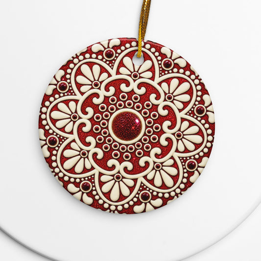Red and ivory glossy ceramic circle Christmas ornament featuring floral mandala artwork by Simply Sim Artistry × Asteri.