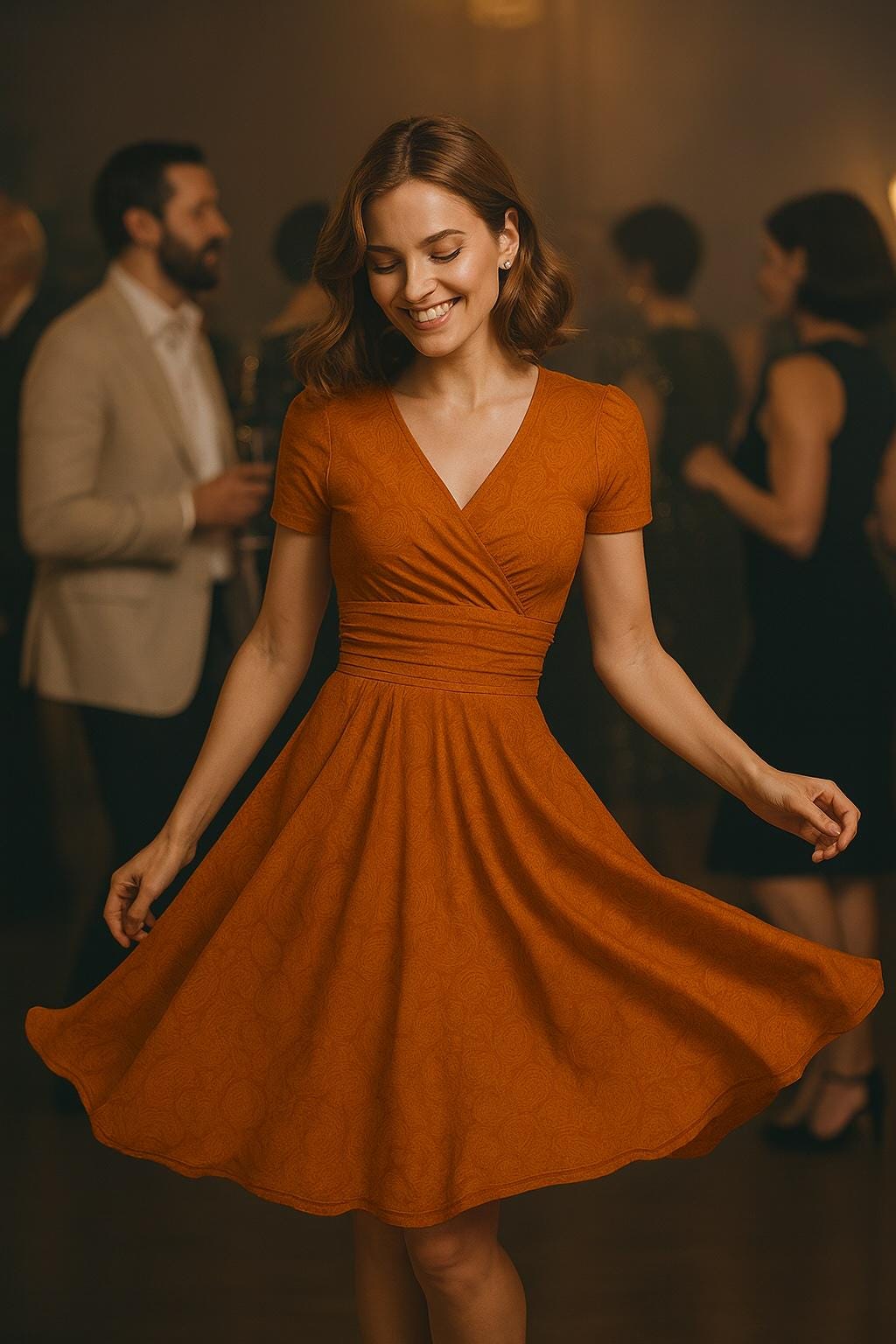 Women's Short Sleeve V Neck Midi Dress - "Orange Paisley"