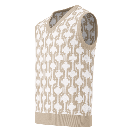 Close-up of Bilbao taupe and bleach geometric jacquard knit sweater vest
