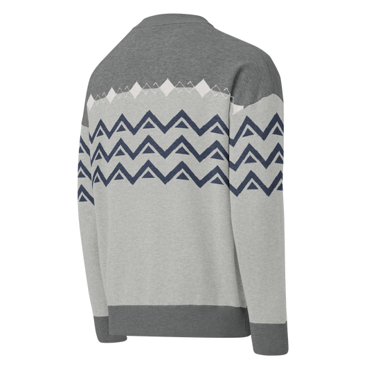 Unisex Relaxed fit knitted crew neck sweater - Grey Navy Geometric