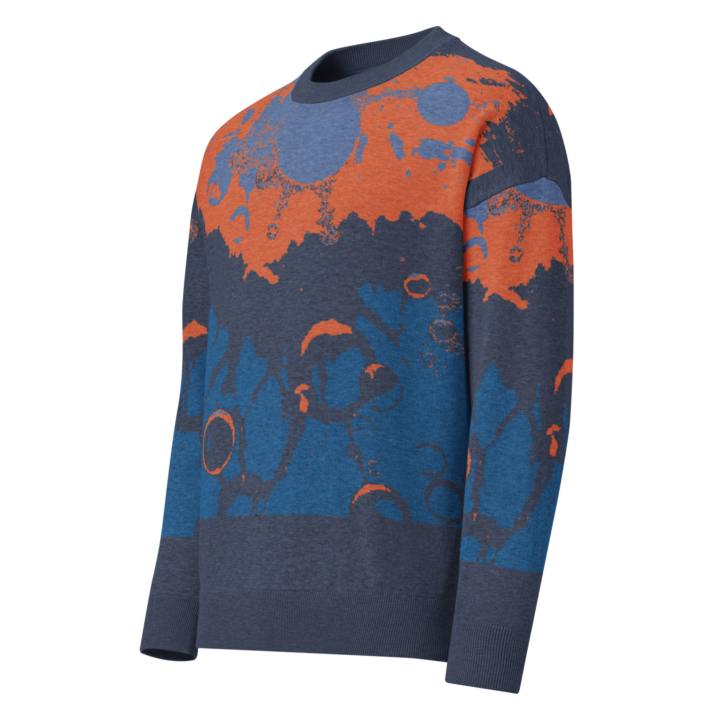 Relaxed fit knitted crew neck sweater - Abstract Blue and Burnt Orange