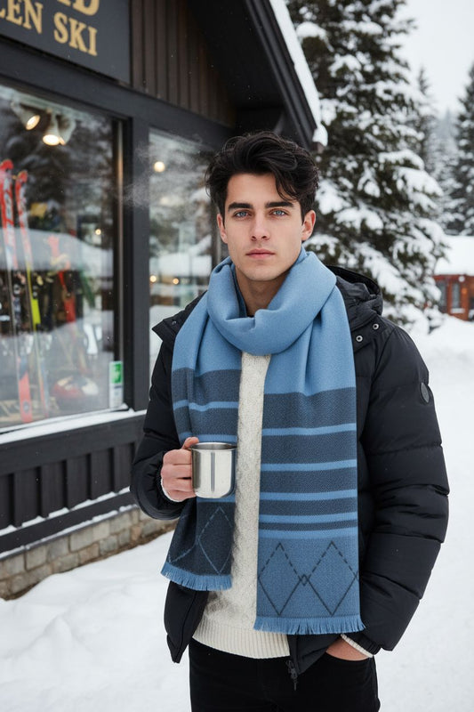 Man wearing unisex ZigZag 100% baby alpaca scarf made in Peru
