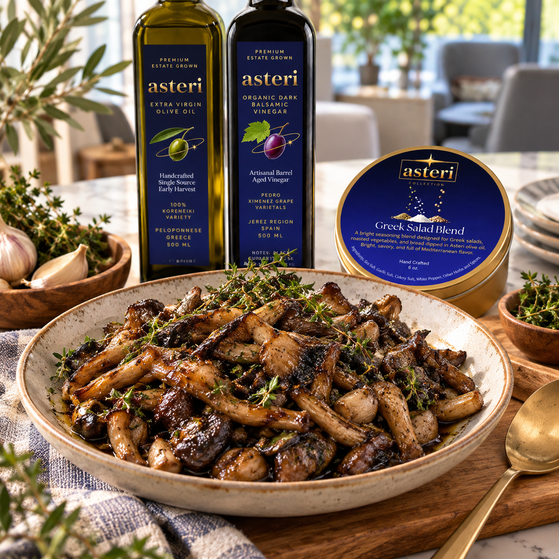 Big flavor, very little fuss. Balsamic soy roasted mushrooms made with Asteri EVOO, Organic Dark Balsamic and Greek Salad Blend.