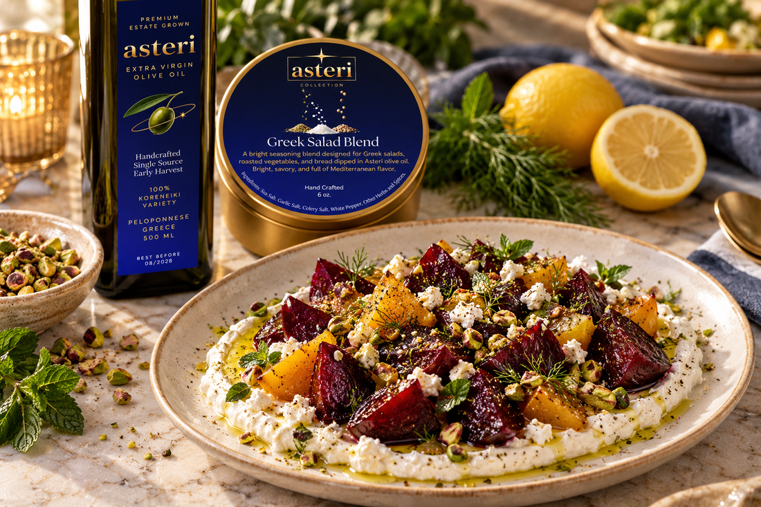 Roasted beets with whipped feta mousse, pistachios, herbs, Asteri Greek Salad Blend and extra virgin olive oil.