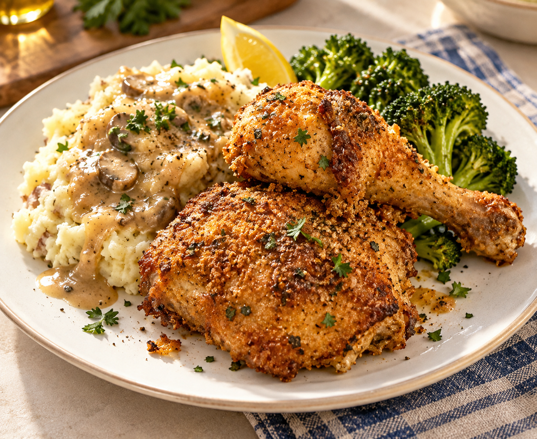Crispy golden Mediterranean oven-fried chicken thighs and drumsticks seasoned with Asteri Festival Chicken Blend, served with fresh lemon and parsley.