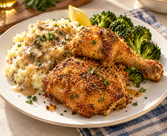 Crispy golden Mediterranean oven-fried chicken thighs and drumsticks seasoned with Asteri Festival Chicken Blend, served with fresh lemon and parsley.