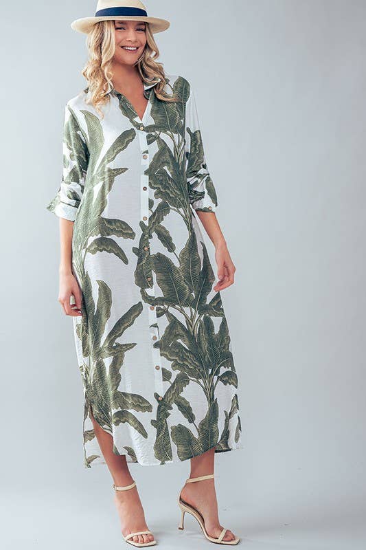 Tropical Palm Leaf Button-Down Midi Dress - Resort, Spring and Summer Collection