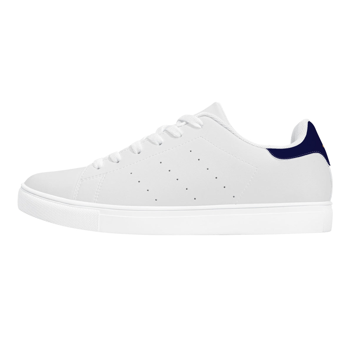 Asteri TRANSIT Classic white vegan leather low-profile sneakers with navy heel accents, white laces and rubber soles.
