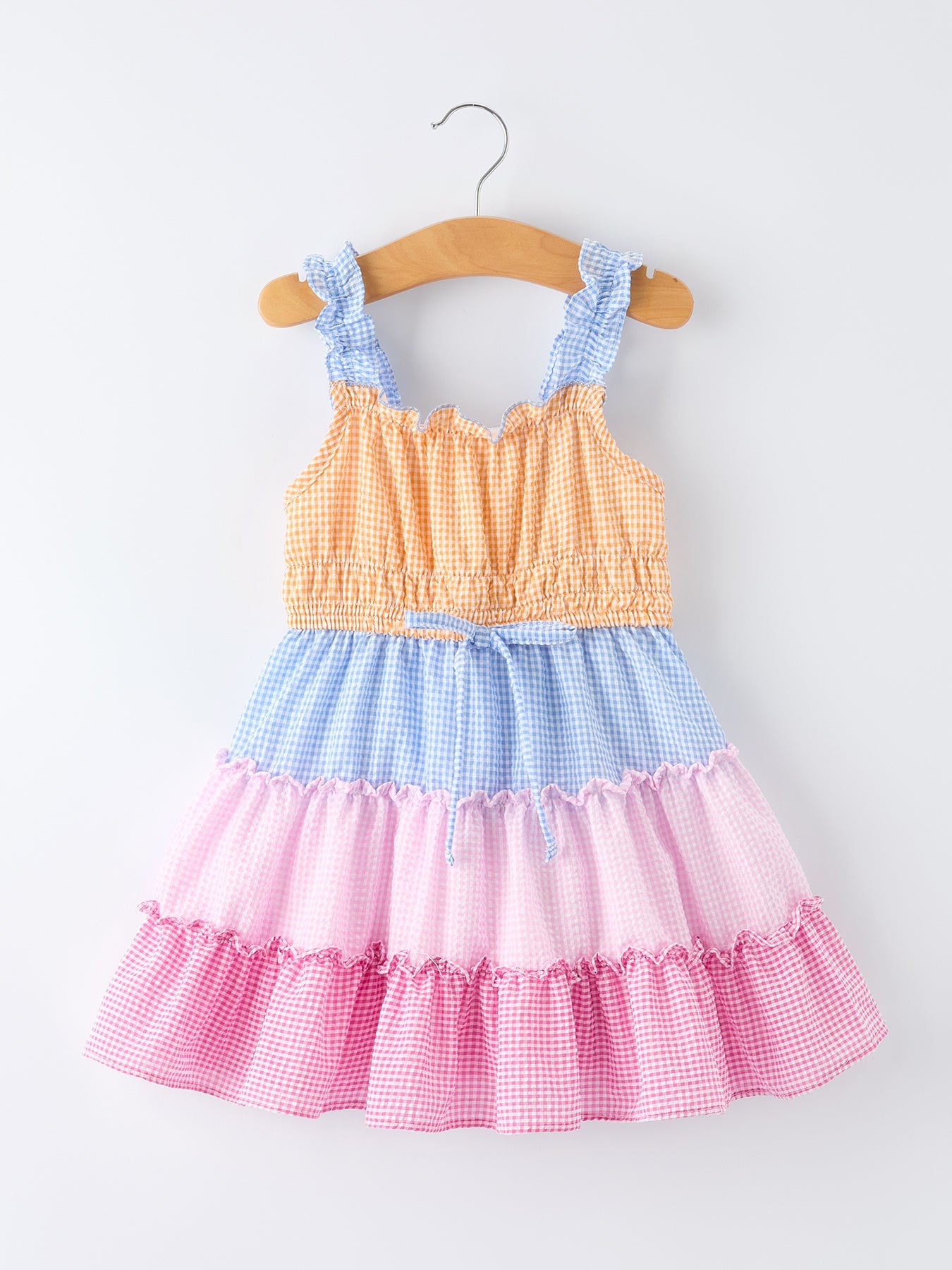 Colorblock Gingham Girls Ruffle Dress - 100%cotton