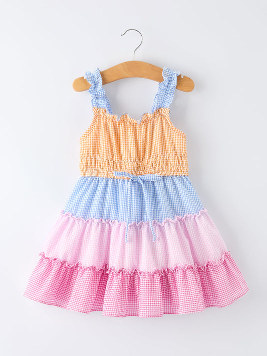Colorblock Gingham Girls Ruffle Dress - 100%cotton