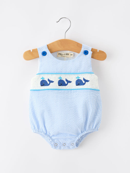 Summer Whale Embroidery Baby Boys Jonjon Stripe Romper - 100%cotton