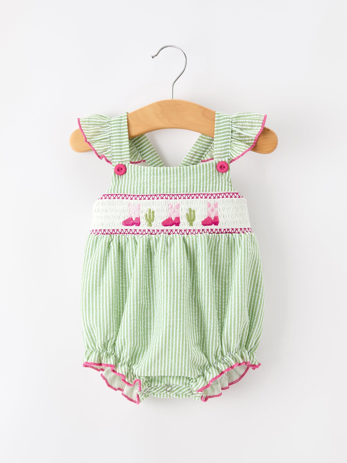 Western Boots Cactus Girls Romper Stripe Ruffle Strap - 100% Cotton