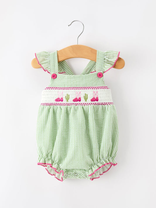 Western Boots Cactus Girls Romper Stripe Ruffle Strap - 100% Cotton
