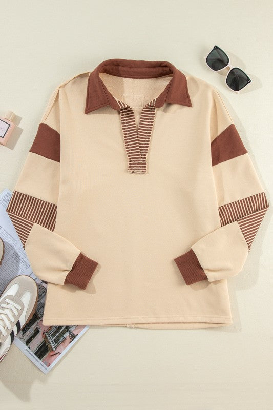 Striped Patchwork Collar Sweatshirt (Dark Blue or Pale Chestnut)