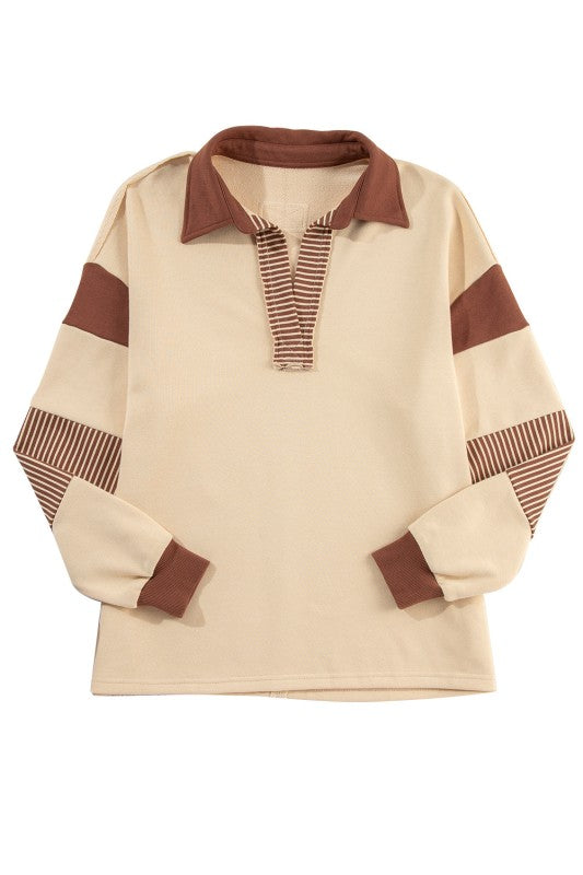 Striped Patchwork Collar Sweatshirt (Dark Blue or Pale Chestnut)