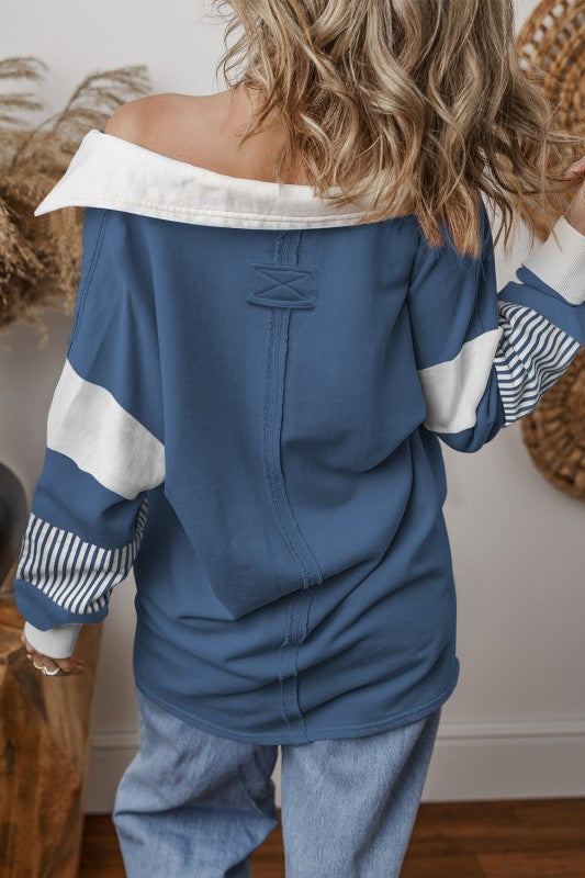 Striped Patchwork Collar Sweatshirt (Dark Blue or Pale Chestnut)