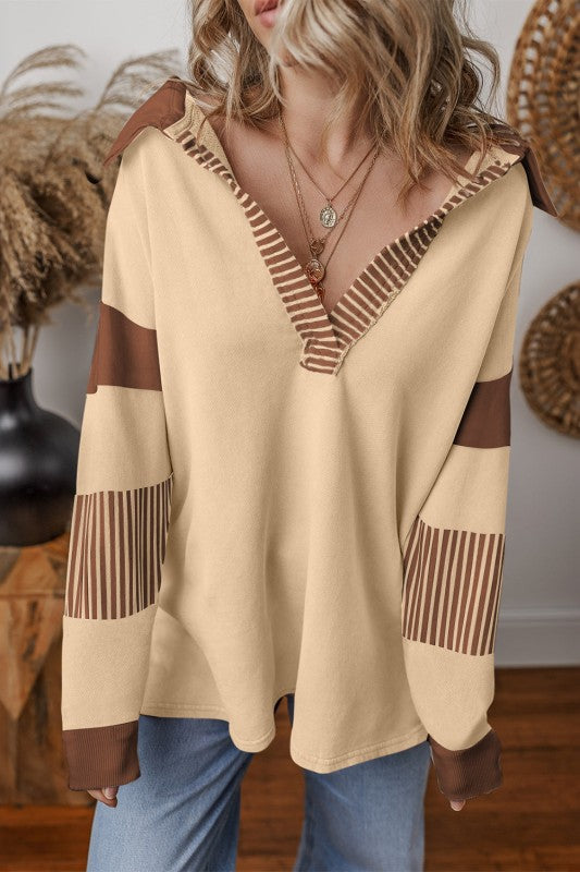 Striped Patchwork Collar Sweatshirt (Dark Blue or Pale Chestnut)