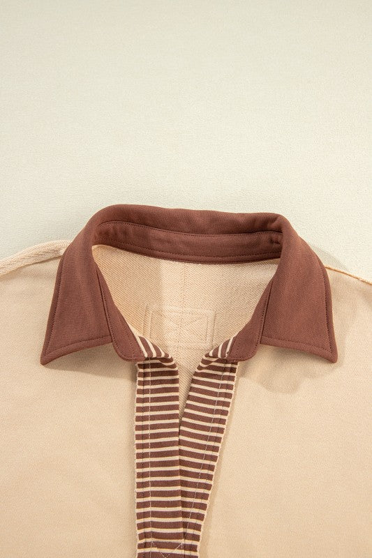 Striped Patchwork Collar Sweatshirt (Dark Blue or Pale Chestnut)