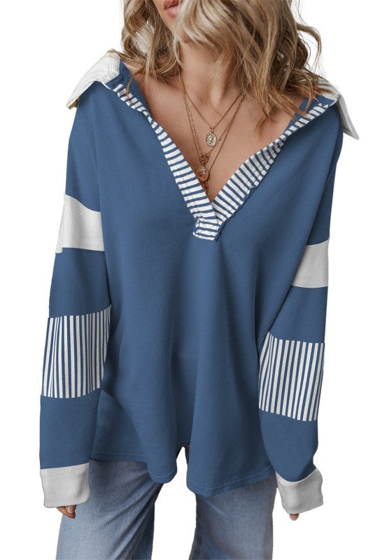 Striped Patchwork Collar Sweatshirt (Dark Blue or Pale Chestnut)