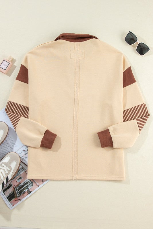 Striped Patchwork Collar Sweatshirt (Dark Blue or Pale Chestnut)
