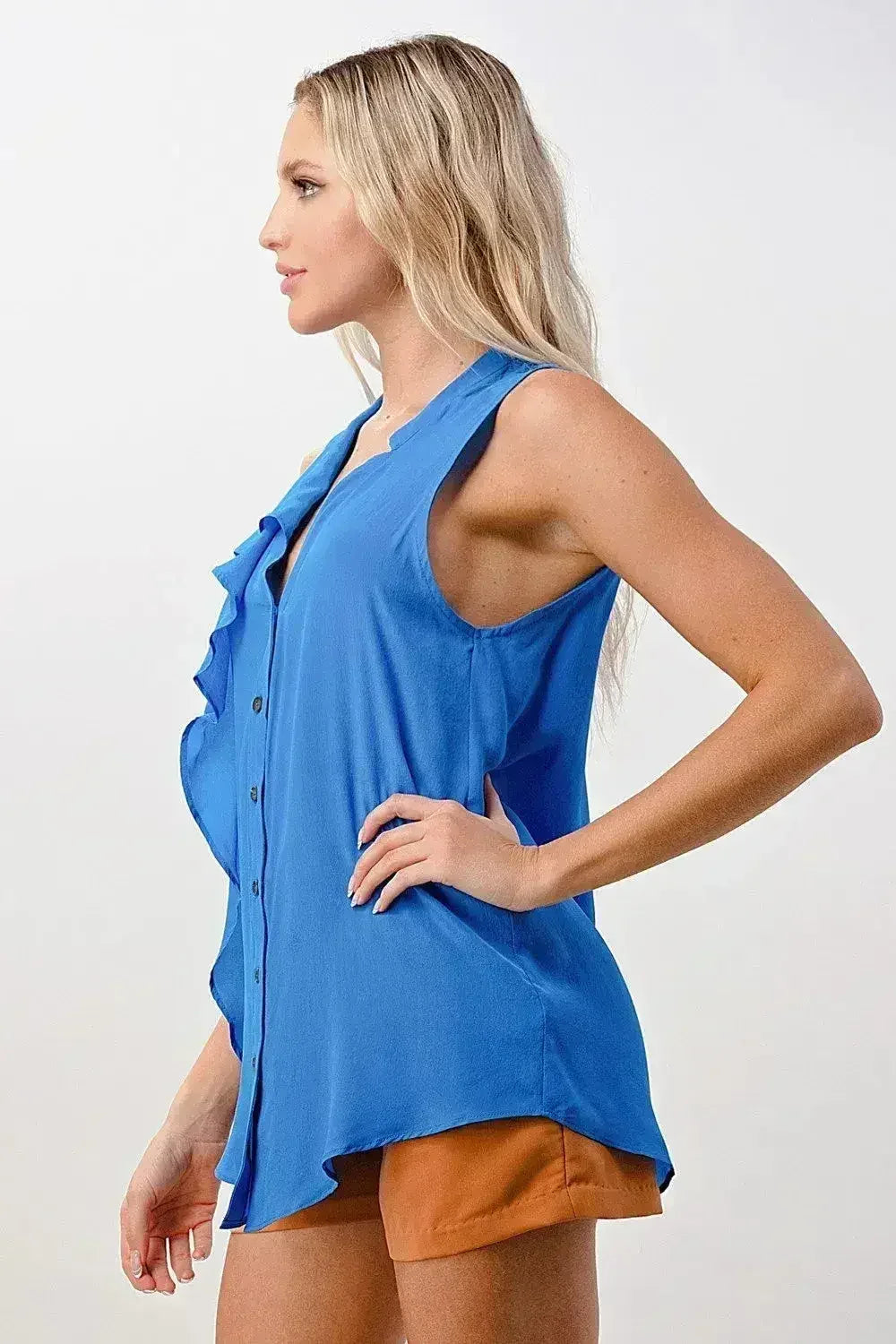 Silk Sleeveless Ruffle Blouse - Asymmetrical Button-Up Top in Orange & Blue