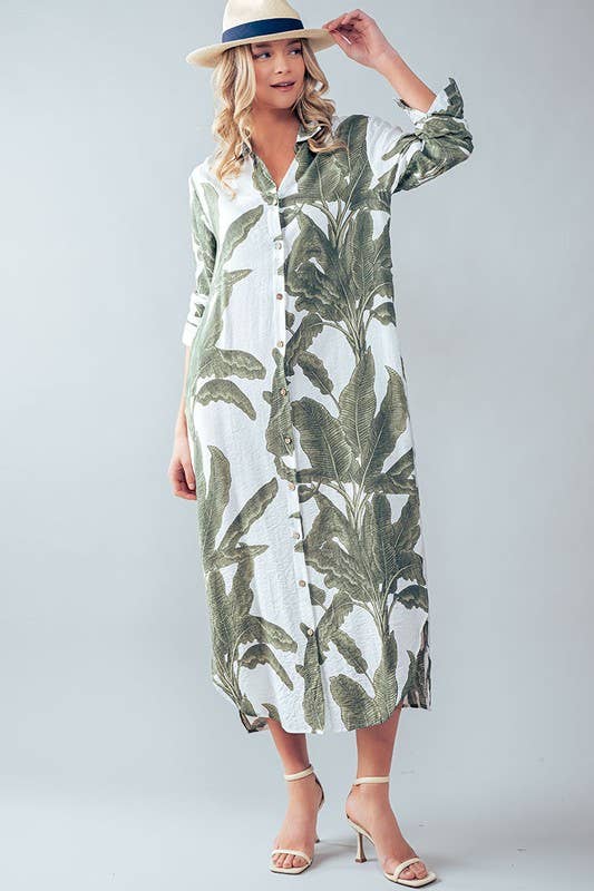 Tropical Palm Leaf Button-Down Midi Dress - Resort, Spring and Summer Collection