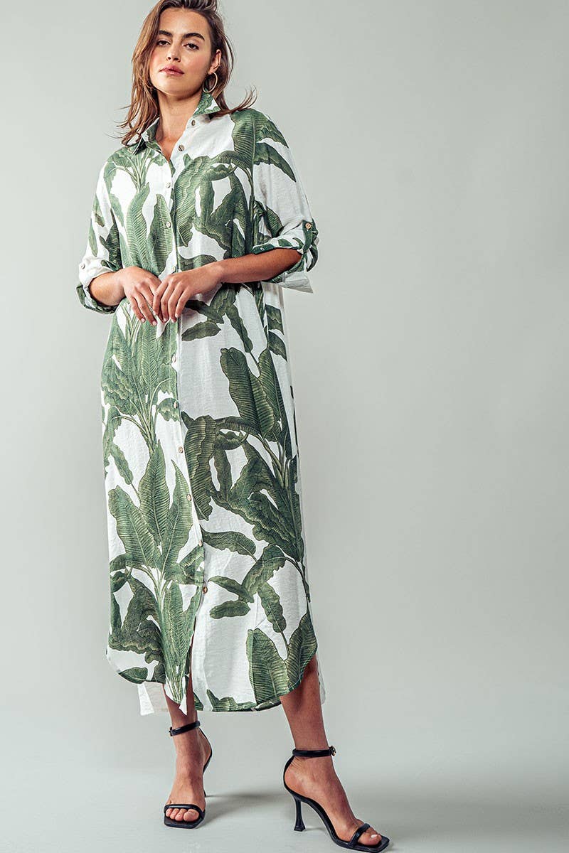 Tropical Palm Leaf Button-Down Midi Dress - Resort, Spring and Summer Collection