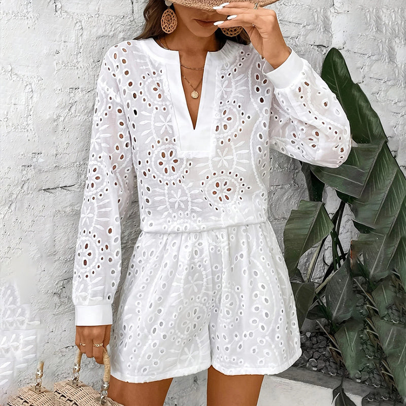 Women's Elegant V-Neck Lace Blouse & Shorts Set - Black or White