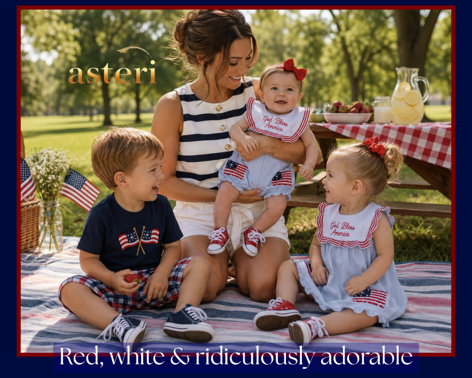 Navy flag applique gingham shorts set