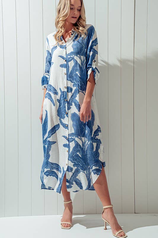 Tropical Palm Leaf Button-Down Midi Dress - Resort, Spring and Summer Collection