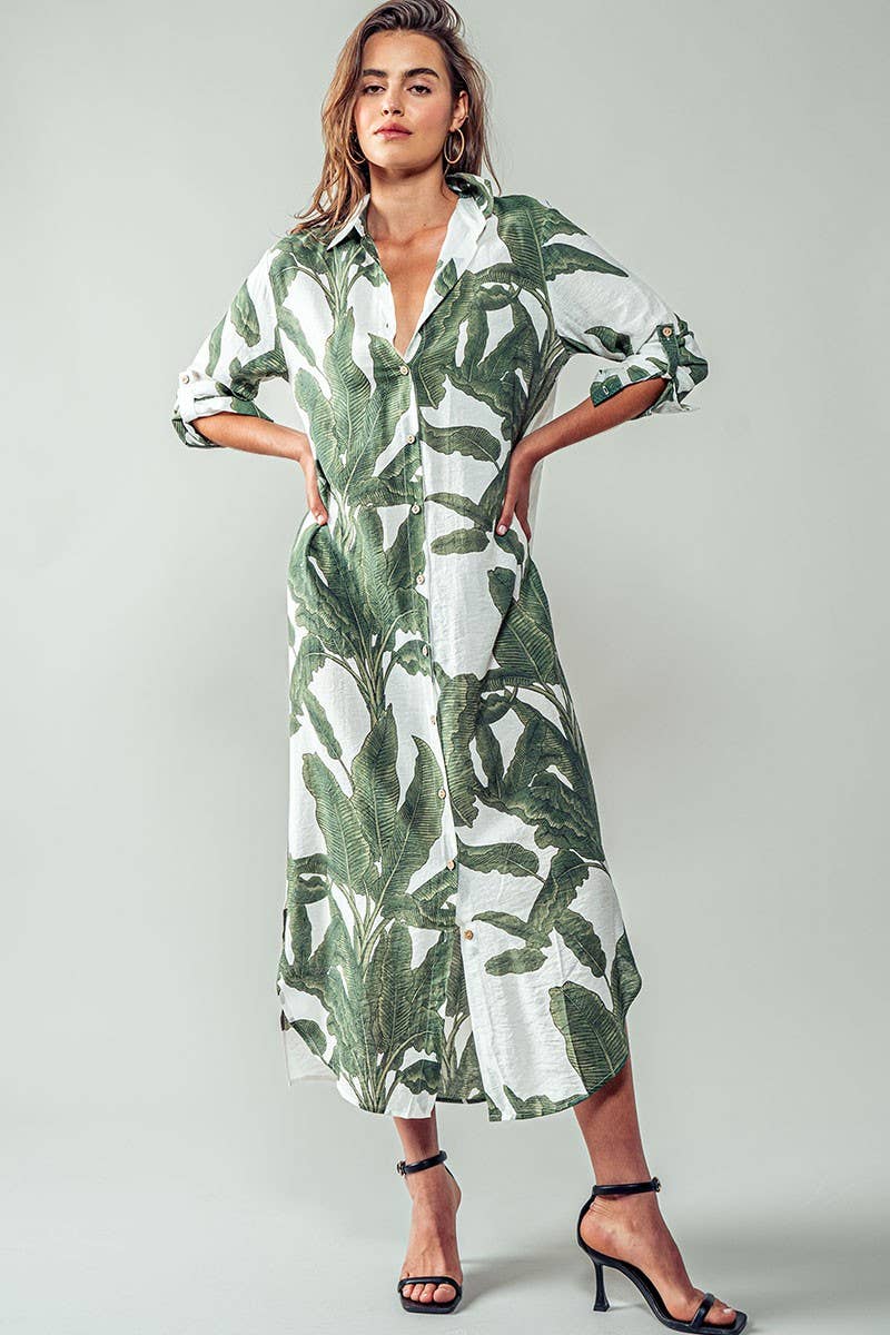 Tropical Palm Leaf Button-Down Midi Dress - Resort, Spring and Summer Collection