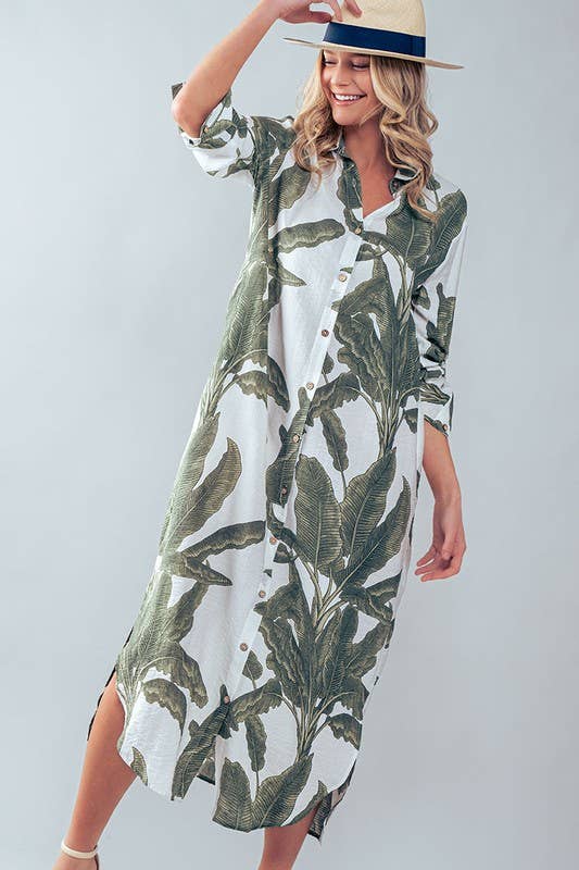Tropical Palm Leaf Button-Down Midi Dress - Resort, Spring and Summer Collection
