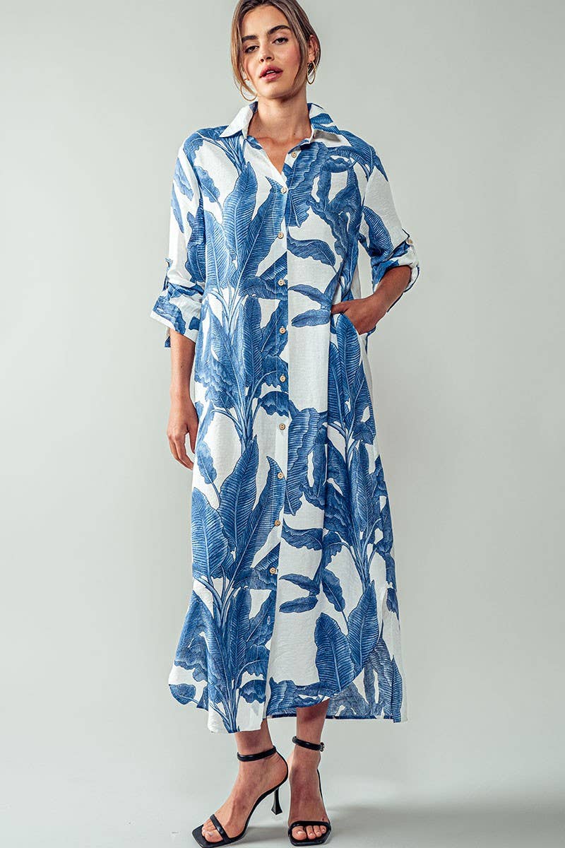 Tropical Palm Leaf Button-Down Midi Dress - Resort, Spring and Summer Collection